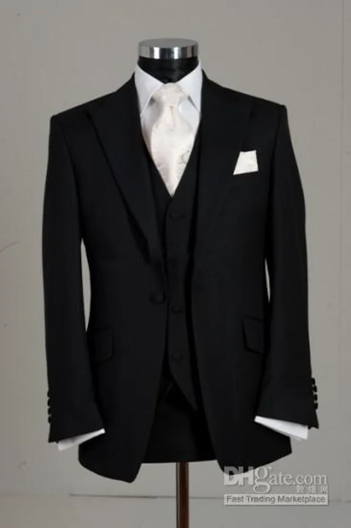 New Custom Made Um Botão Preto Noivo Smoking Pico Lapela Melhor Homem Padrinhos de Casamento Dos Homens Ternos Noivo (Jacket + Pants + Tie + Vest) 1432