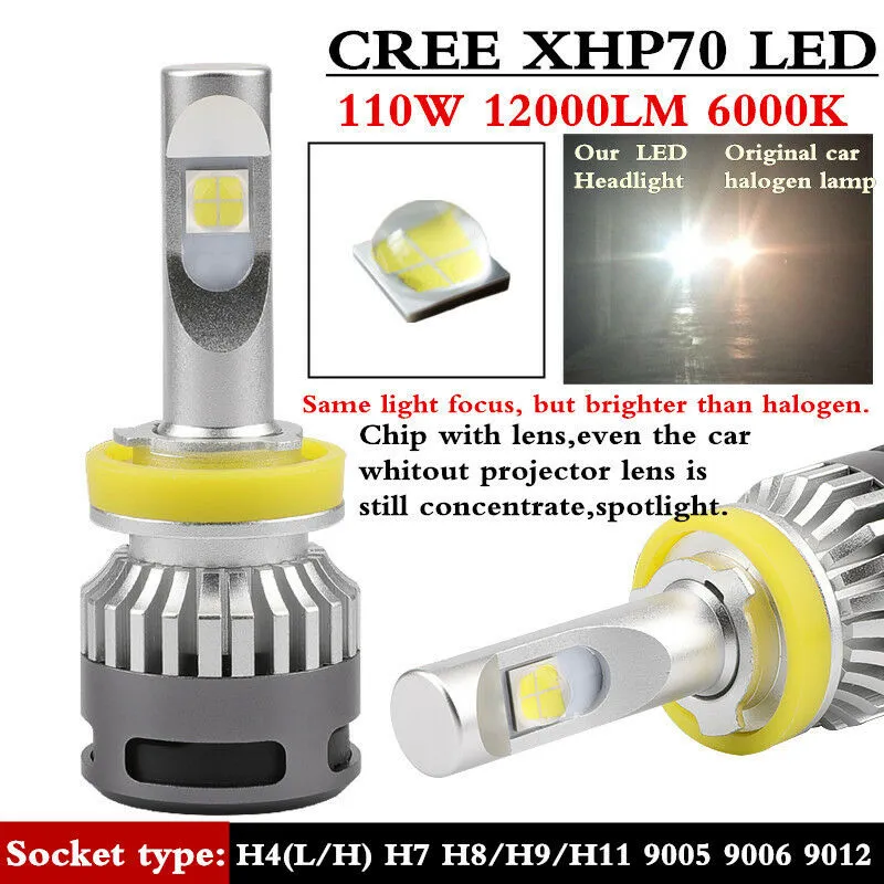 CREE XHP70 H4 H7 LED-Scheinwerfer-Umwandlungs-Kit H8 / H9 / H11 9005 9006 9012 Car Birnen 100W 12000LM 6000K Beleuchtungsscheinwerfer Nebelscheinwerfer