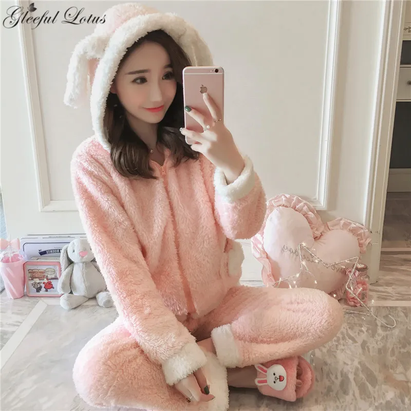 STJDM Nightgown,Sleepwear Winter Flannel warm pajamas korean kawaii Set  Fashion Leisure Home Cloth pyjamas women 2PCS L pink
