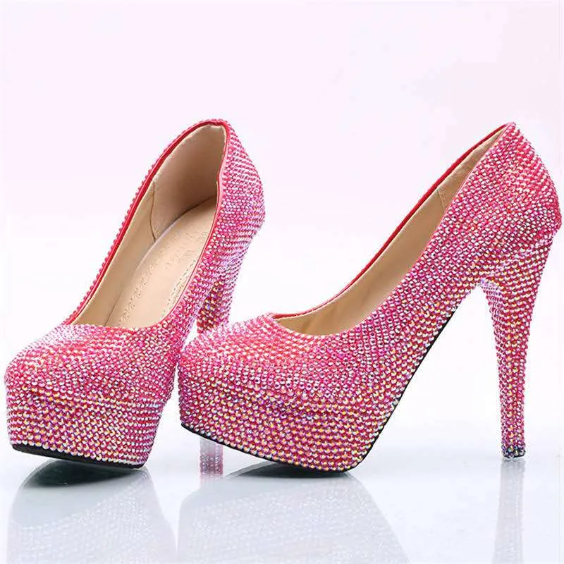 Brilhante completa Fuchsia diomond sapatos de casamento Bombas Salto Alto Calçados nupcial 5cm 8cm Shoes 11 centímetros 14 centímetros Bling Bling Prom para Lady