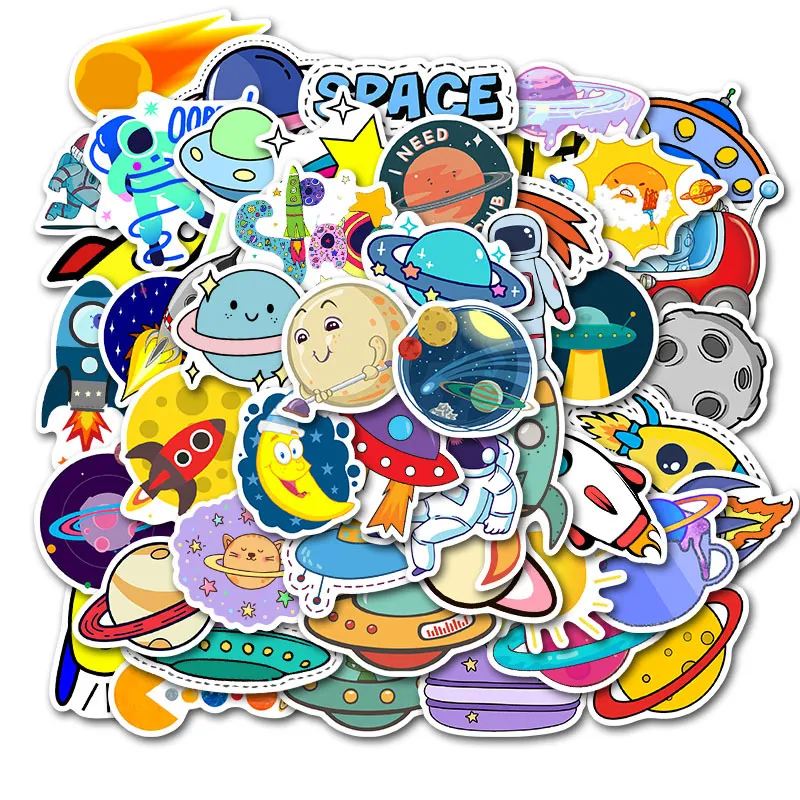 50pcs Set Cartoon Cute UFO Sticker Pack Stationery Guitar Sticker Small Fresh Hand-Painted Celestial Planet Suitcase Stickers240G