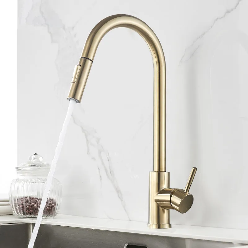 Pull ouro escovado torneira da cozinha água quente e fria Faucet Para Cozinha Out Mixer Guindaste 2 Função Bico de água Mixer