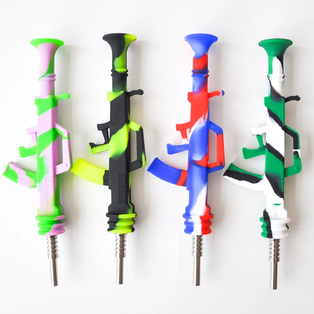 AK47 Shape 8.1inches Silicone Nectar Collector Portable Concentrate Smoke Pipe with 14mm joint Stainless Steel Tip Dab Straw Oil Rigs pipe dab rig