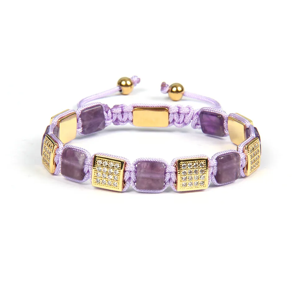 Smycken Kvinnor Naturlig Amethyst Square Stone Bangle Armband Micro Pave Cz Beads Braiding Armband Watch Gift