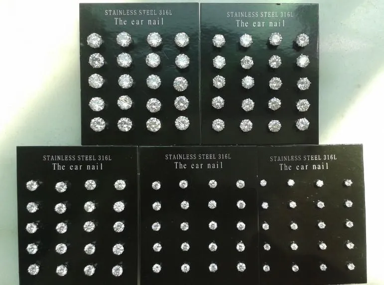 Orecchini a bottone in acciaio inossidabile 316L con 6 griffe scintillanti da 3 mm a 7 mm da 0,5 ct a 1,0 ct con diamanti cubici in zirconia cubica (10 paia/lotto, 2 pezzi/misura)
