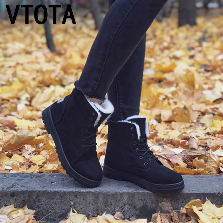 VTOTA femmes bottes de neige bottes d'hiver chaudes Botas Mujer 2018 plat à lacets fourrure bottines plate-forme dames chaussures d'hiver noir H189