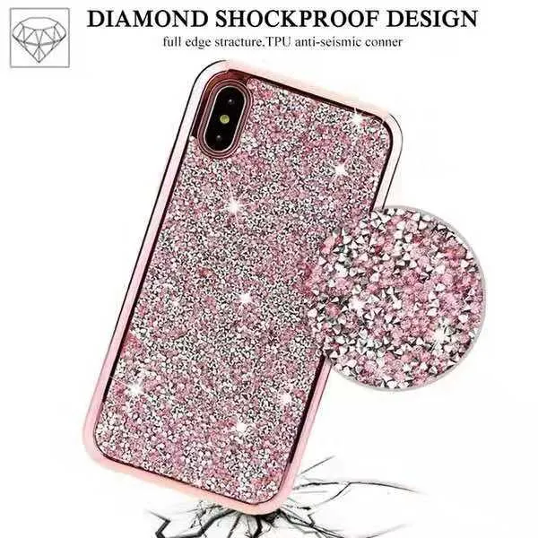 2 in 1 Custodie telefoni glitter con strass diamantati iPhone 14 13 13Pro 12 11 Pro Max XS XR 7 8 Plus Samsung S23 S22 S21 Ultra 5G Cover posteriore PC ibrida in TPU con borsa OPP