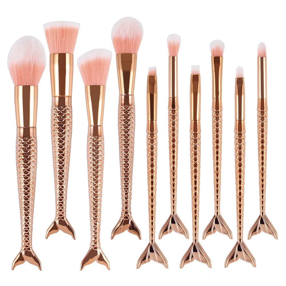 10st New Mermaid Tail Makeup Brushes Set Färgglada Blush Foundation Kosmetika Make Up Beauty Fish Tail Borste för ögonbryn Eye Shadow Brushes