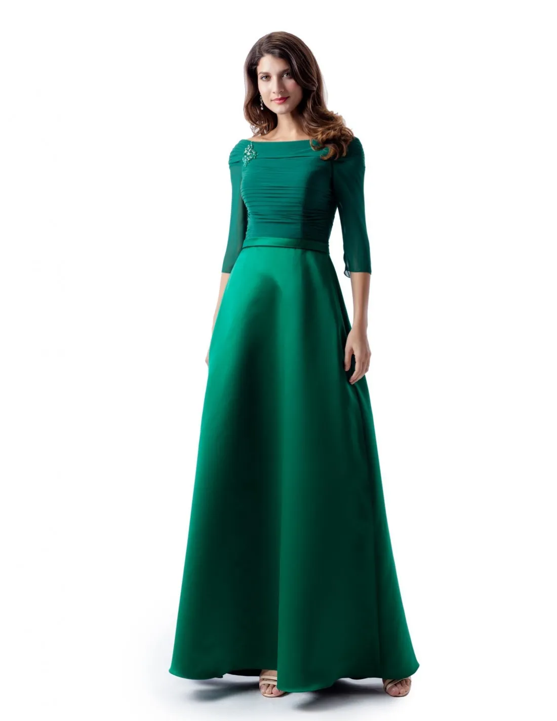 New A-line Green Long Modest Mother of the Bride Dresses With 3/4 Sleeves Chiffon Satin Floor Length Mother's Formal Evening Wear