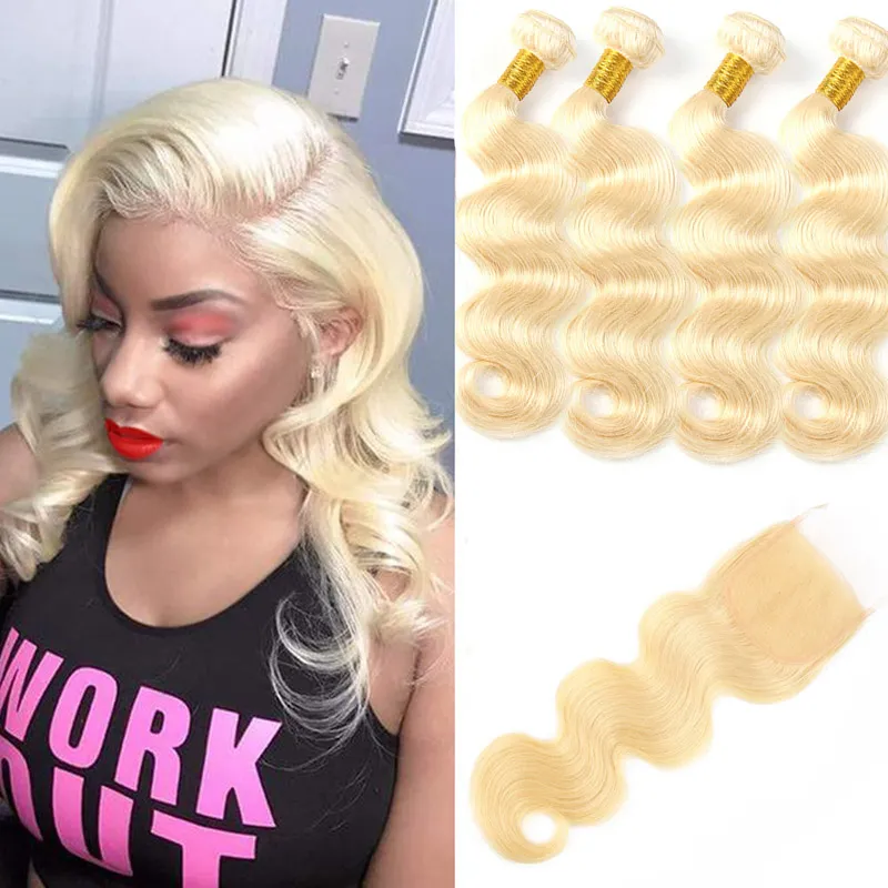 Malaysian Unprocessed Human Hair Extensions 8-30 inch Bundles With 4X4 Lace Closure 613 Blonde Body Wave Bundles With Closure