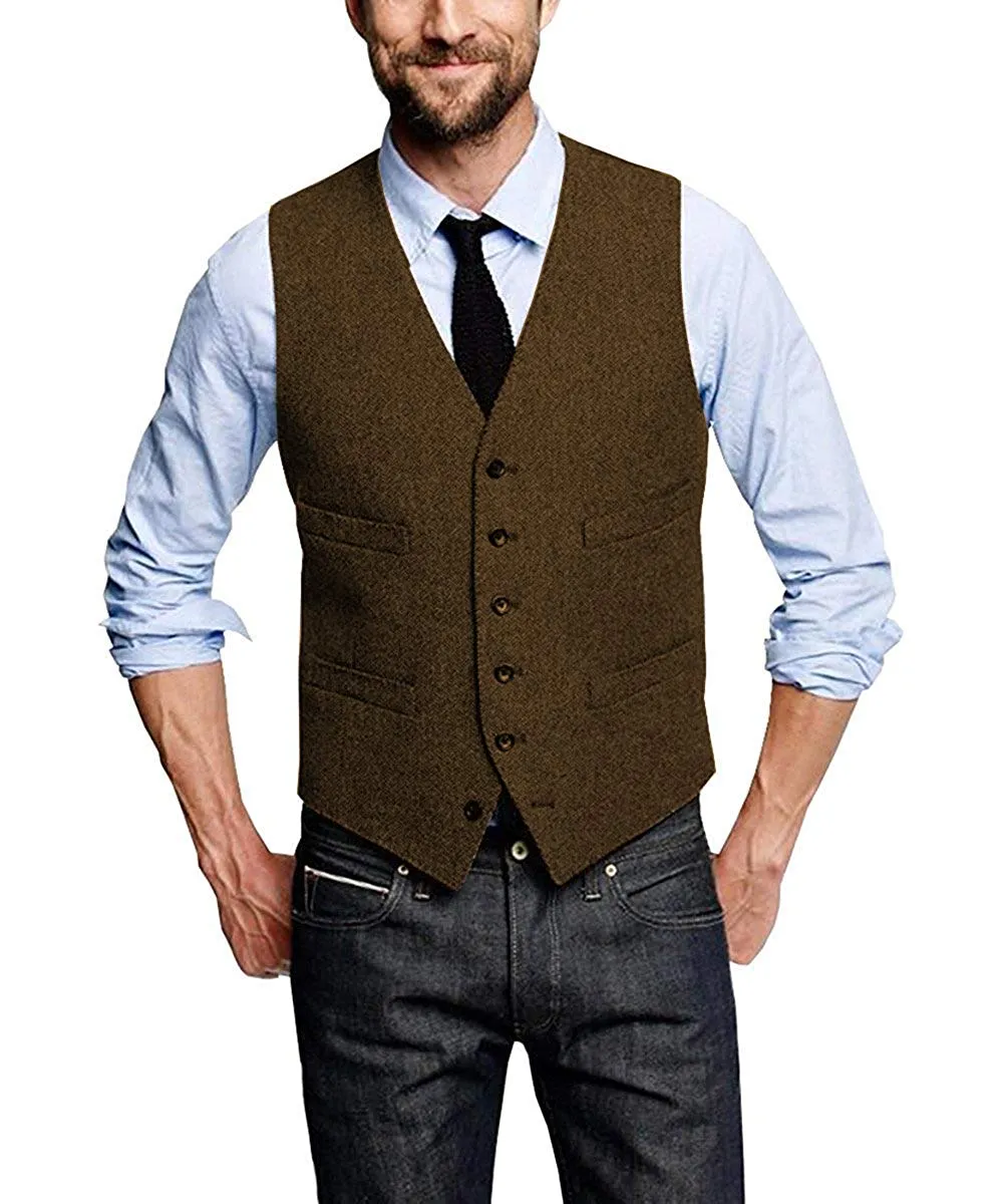 Coletes de noivo marrom vintage para casamento rústico tweed espinha de peixe coletes de terno masculino ajuste fino colete de vestido masculino personalizado colete ajustável