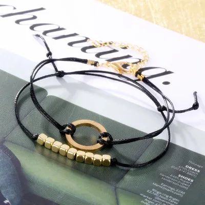 Bohème perles rondes corde bracelet à breloques ensemble pour femmes rétro noir corde chaîne 2 pièces/ensemble perlé bracelet plage bijoux Couple cadeau