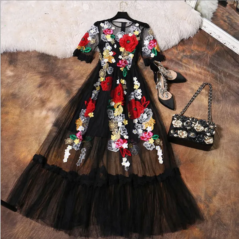 New 2018 Summer Fashion New Elegant Flower Embroidery Appliques Black Mesh Slim Women Vintage Long Dress Y19051102 5 133 DHgate