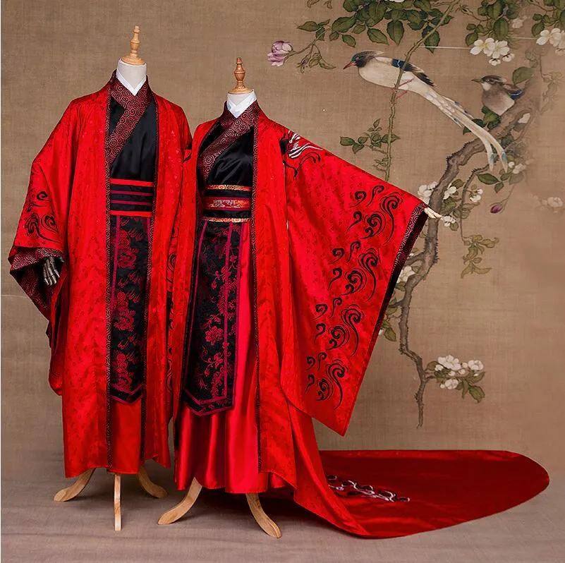 China Traditional Black Red Borduursel Kostuum Lange Tail Wedding Jurken Chinese Anceint Wedding Hanfu Bruidegom Bruid Paarpakken