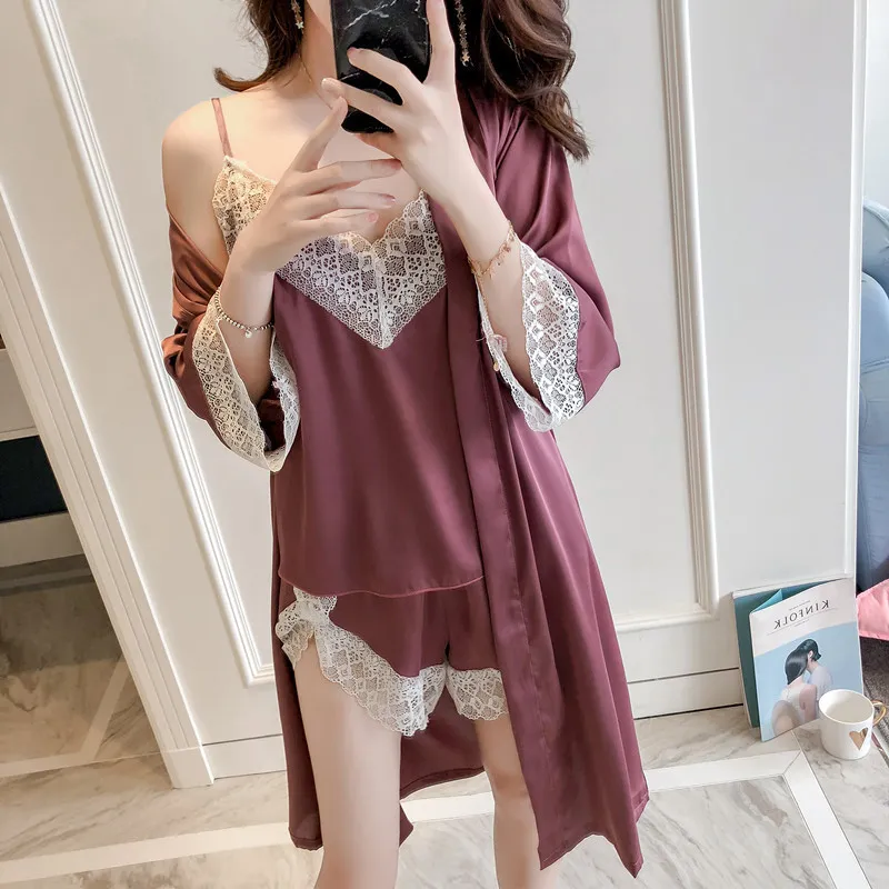 Women's sleepwear Silk Satin Lisacmvpnel Autumn Pattern 3 Pcs Sexy Lace Women Pajamas Nightdress Shorts Cardigan Set Fashion Sleepwears Warm tracksuit clothes