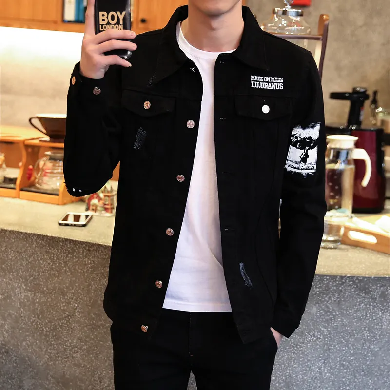 Męskie Wiosna Harajuku Ripped Demin Kurtki Mężczyzna Black Streetwear Casual Slim Denim Coat Men Windbreaker Bomber Jacket Cothes