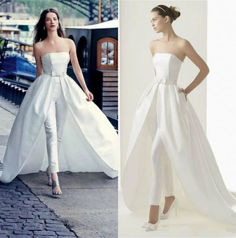 White Prom Dresses Jumpsuits With Detachable Train Pants Strapless Plus Size Evening Gowns Party Suits Dress robe de mariee