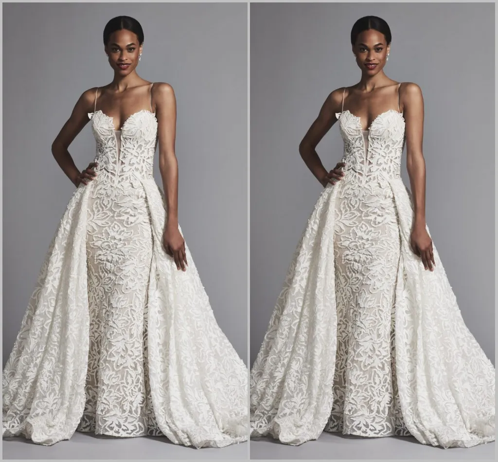 Pnina Tornai Overskirts Mermaid Wedding Dresses with Detachable Train Full Lace Sexy Spaghetti Neck Bridal Gowns Custom Made