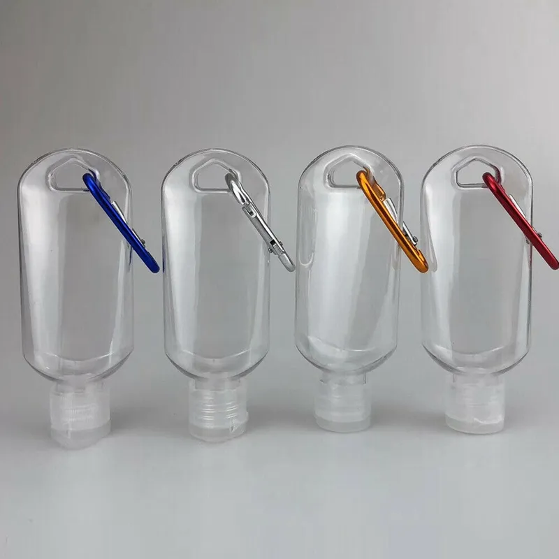 キーホルダーの透明な透明なプラスチック手の消毒器のびんのペットのプラスチック30ml 50ml 60mlの空のアルコール詰め替えスプレーボトル