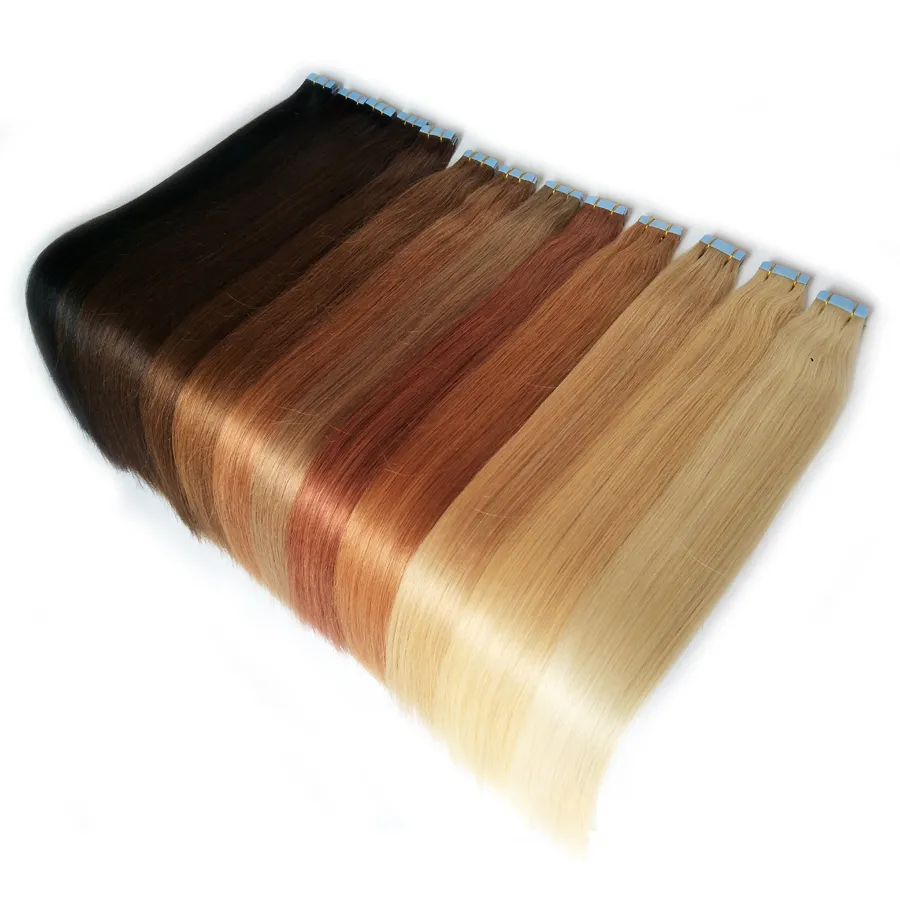 Tape i mänskliga hårförlängningar silkeslen rak hud väft mänsklig remy hår dubbel dorw 100g 14-24inch 20 färger valfri fabrik utlopp