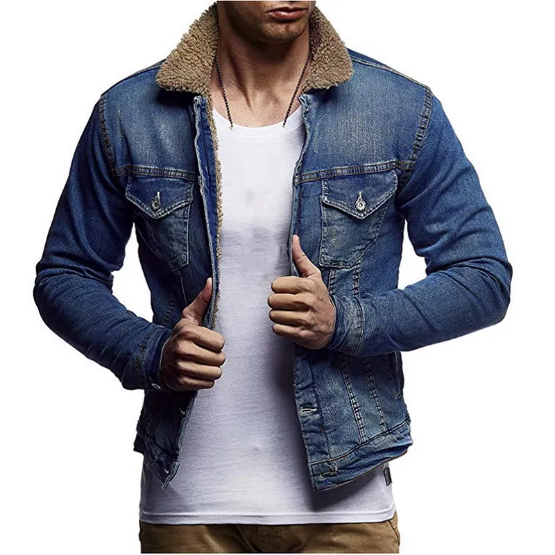 Herrjacka fleece män denim jacka trendiga vinter varma herrar outwear mode jean jackets manlig cowboy casual kläder