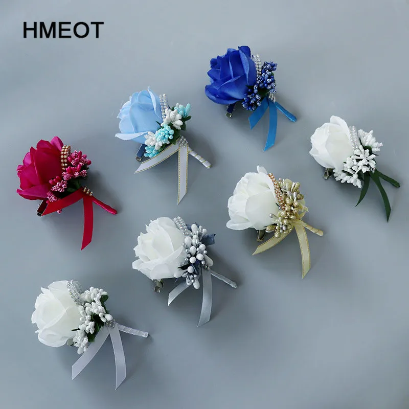 Dekorative Blumenkränze Herren Simulation Seide Rose Boutonniere Pin Brosche Hochzeitsdekorationen Blume Bräutigam Corsage Buntes Handgelenk Fake