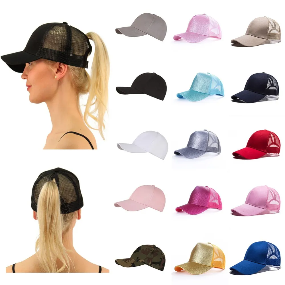 2019 Hot Sale Glitter Baseball Cap Verstellbare Snapback Cap Dad Hats für Frauen Caps Messy Bun Sport Hip Hop Mesh Hut