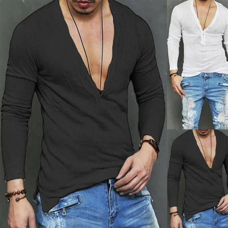 2019 Novo Estilo Hot Fashion Men Casual Manga Longa Slim Fit Camisas Decote em V Profundo Linha Longa Camisa Top