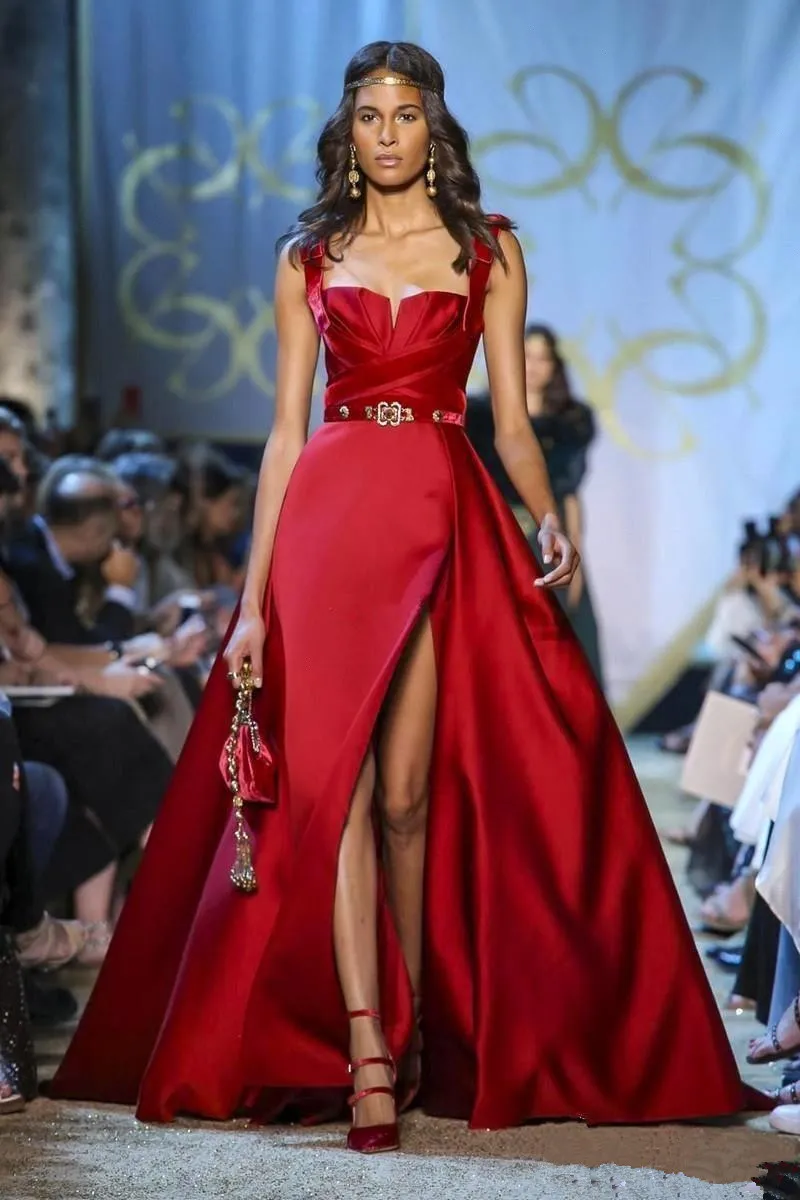 Elie Saab Red Satin Aラインイブニングドレス2020スパゲッティストラップRUCHEDハイスプリットスイープトレインフォーマルパーティーウエディングドレスBC2678