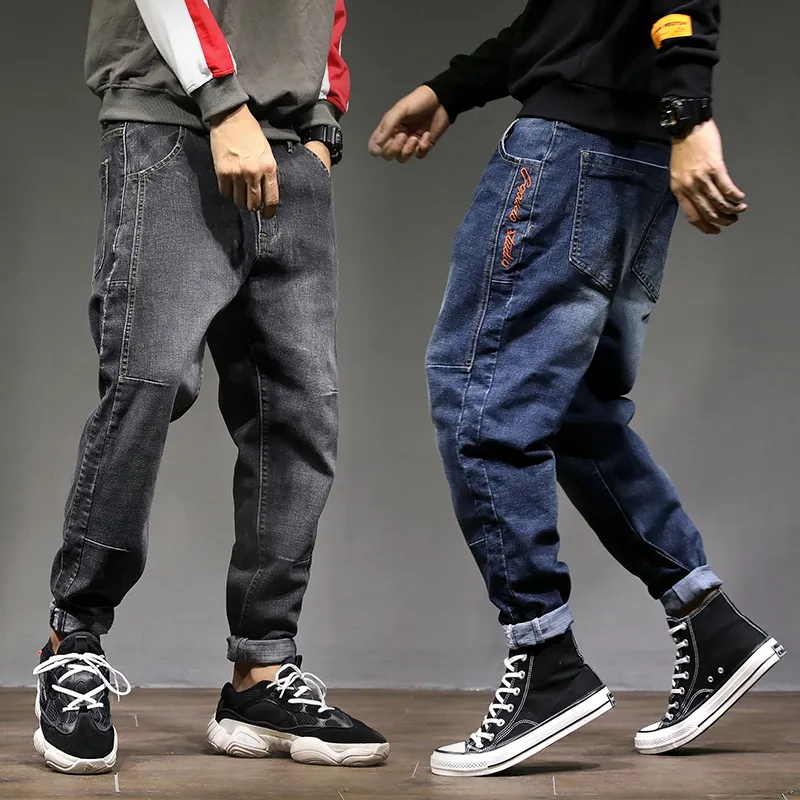 Fashion-2019 High Street Fashion Men Jeans Loose Fit Harem Byxor Blå Grå Färg Punk Style Hip Hop Jogger Jeans för män Lastbyxor