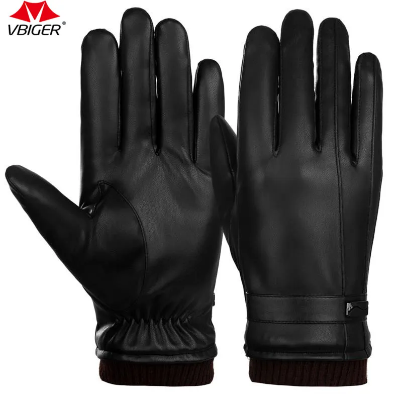 Vbiger hommes PU cuir écran tactile gants hiver chaud gants épais chaud cyclisme mitaines gants de sport pour hommes noir