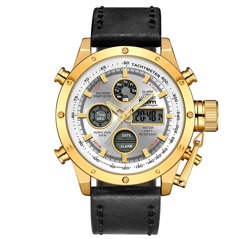 Oulm スポーツ腕時計メンズトップブランドの高級デュアルディスプレイ防水腕時計男性革発光針クロノグラフ腕時計 2020