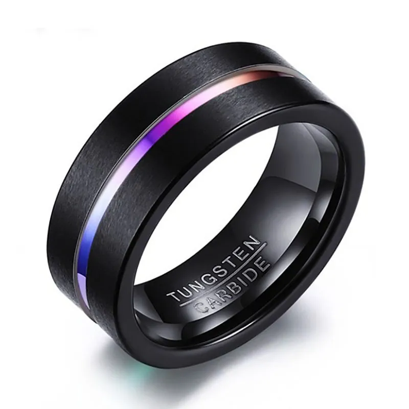 Joyería 8MM Moda Hombre Mujer 316L Acero inoxidable Negro Neón Anillo de carburo de tungsteno Unisex Arco iris Línea Color Anillos Boda Ba Tamaño 5-12