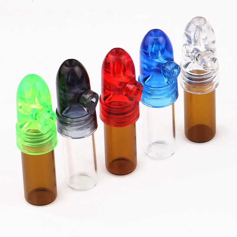 Snuff Snorter Dispenser Bullet Rocket Snorter Glass Pill Box Vial with Clear Bottoms for Smoking Acrylic Cap Glass Bottle Pill Case For Smoker Smoking Pocket Snorter