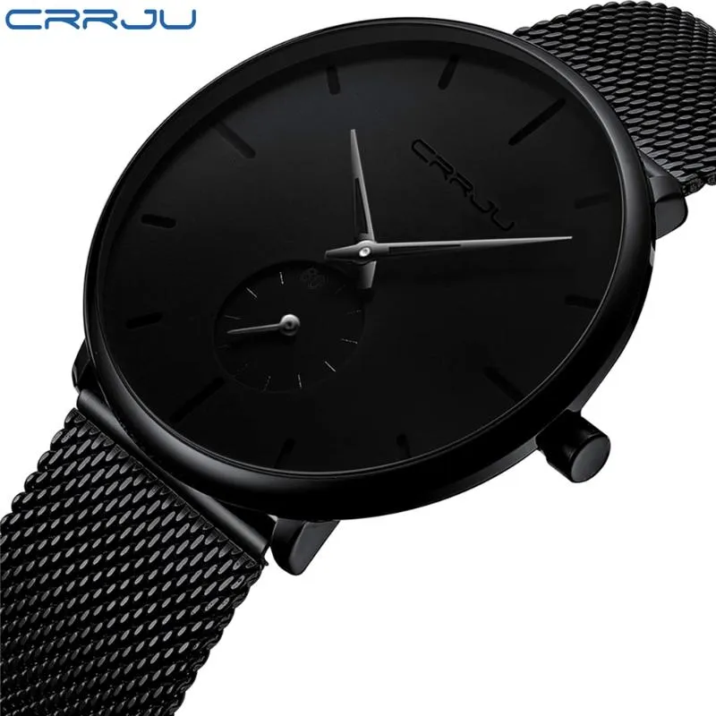 CRRJU 2150 mode hommes montres Top marque casual Ultra-mince maille acier montre-bracelet hommes noir sport étanche montre à Quartz reloj