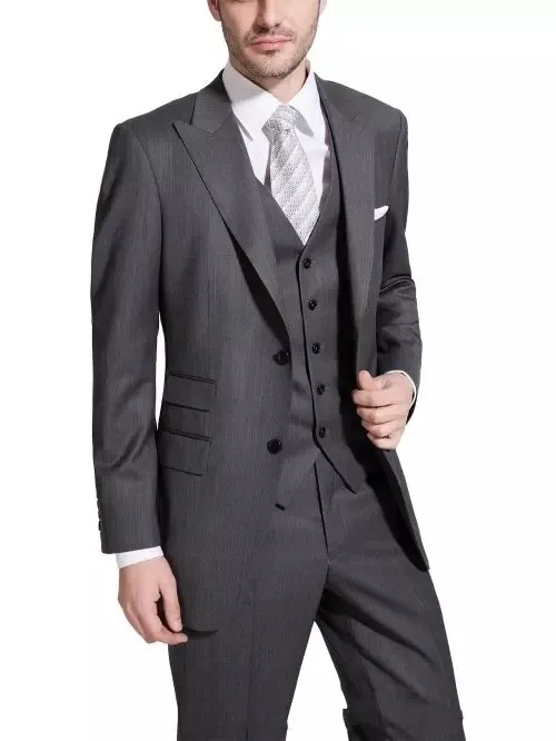 진한 회색 신랑 턱시도 피크 옷깃이 단추 남성 웨딩 드레스 가장 인기있는 남성 비즈니스 파티 파티 양복 (자켓 + 바지 + 타이 + 조끼) 2265