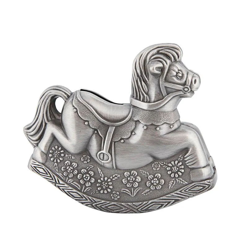 Vintage Rocking Horse Coin Bank Figurines Antique Silver Color Money Saving Box Zinc Metal Decoration Crafts Toys for Baby Room