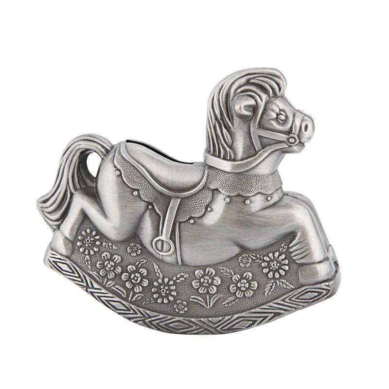 Vintage Rocking Horse Coin Bank Figurer Antik Silverfärg Pengar Sparande Box Zink Metal Decoration Crafts Toys For Baby Room