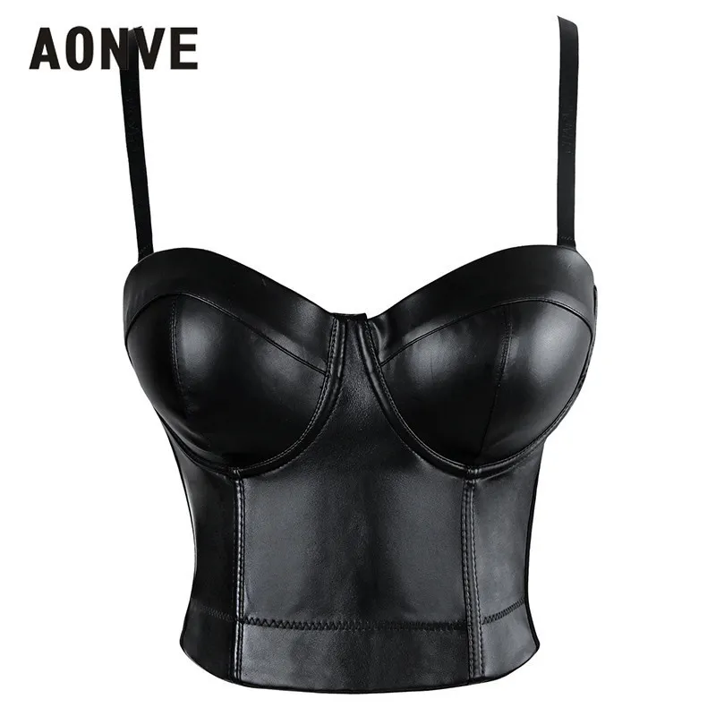 Aonve Steampunk Corset Bra Tops Leather Pu Bralette Push Up Bras For Women Waist Trainer Slimming Underwear Short Top J190701