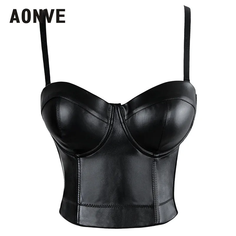 Aonve Steampunk Corset Bra Tops de Couro PU Bralette Push Up Bras para Mulheres Da Cintura Treinador emagrecimento de Emagrecimento Curta Top J190701