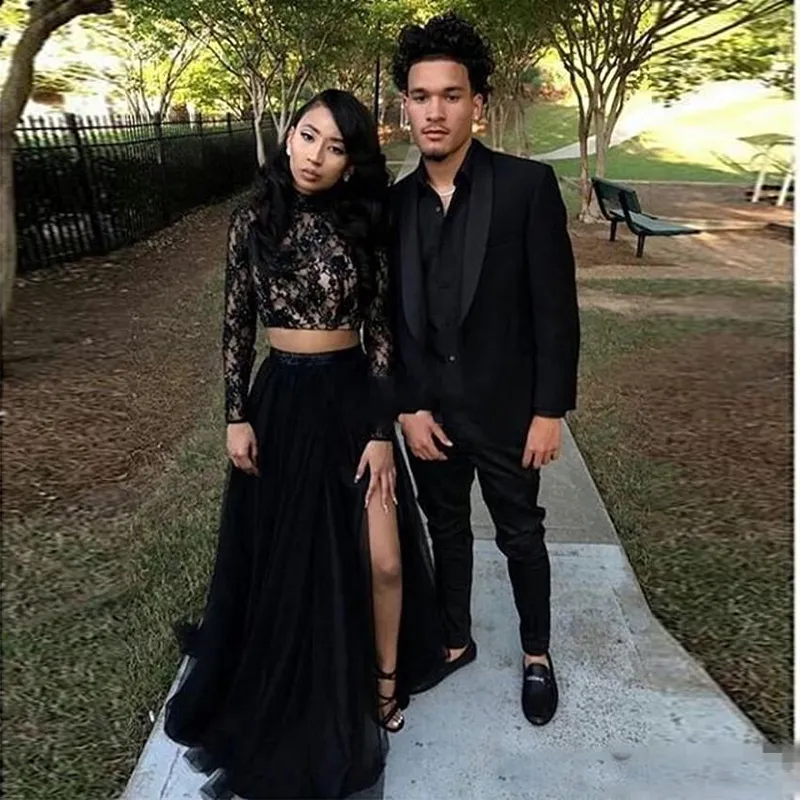 2019 Couple Mode Deux Pièces Noir Robes De Bal avec Dentelle À Manches Longues A-ligne Tulle Côté Split Robes De Soirée galajurken