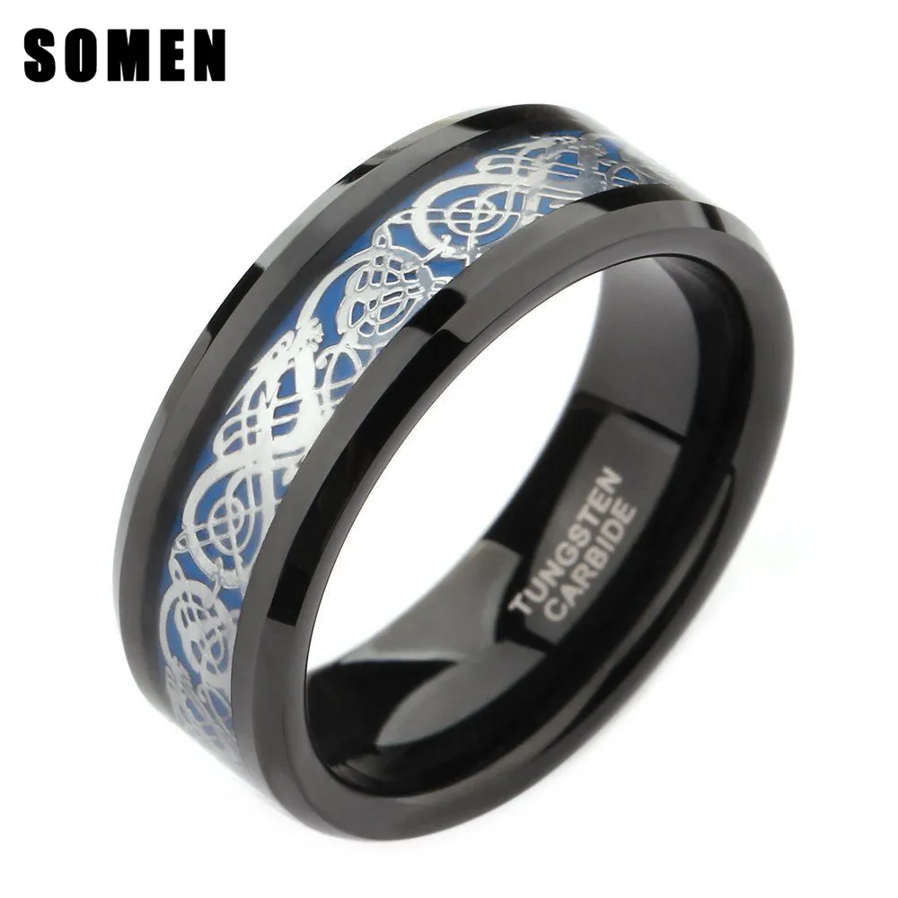 Somen ring män 8mm svart volfram ring keltisk drake inlay polerad manlig förlovnings ringar coola smycken vän gåvor anel hombrre d19011502