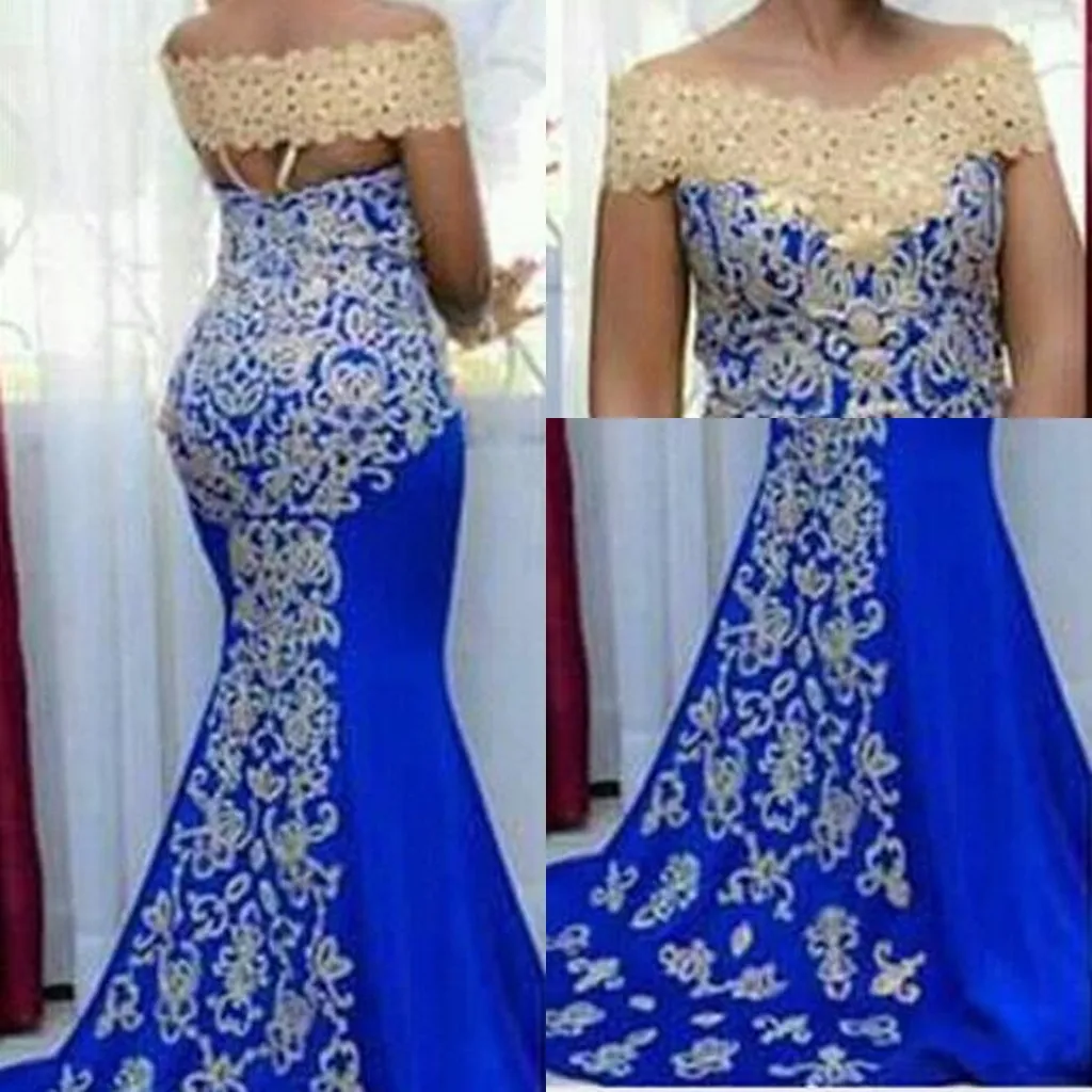 Billiga African Off Shoulder Evening Dresses Wear Saudiarabien för kvinnor Mermaid Royal Blue Champagne Lace Appliques Beaded Formal Prom Crows