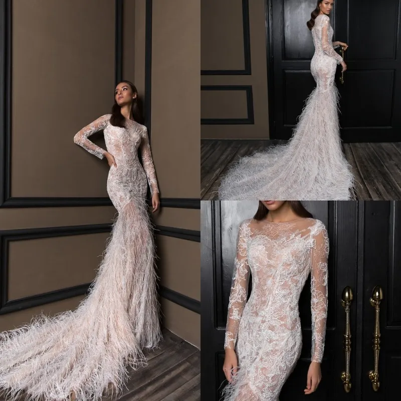 Crystal Design Mermaid Wedding Dresses With Luxury Feathers Jewel Neck Bridal Gowns Long Sleeves Sweep Train Wedding Dress Custom