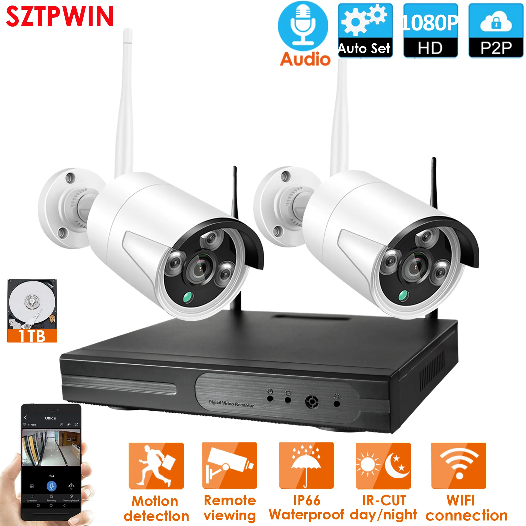 PluginPlay 2CH 1080P HD Aduio Kit NVR sans fil P2P intérieur extérieur IR Vision nocturne sécurité 2.0MP caméra IP WIFI système de vidéosurveillance