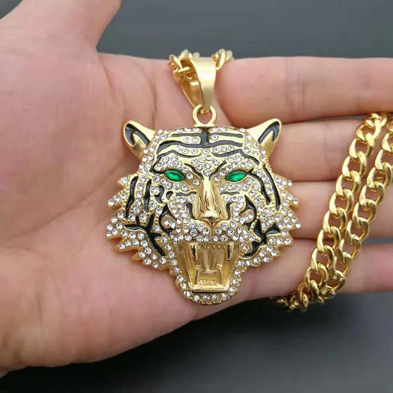 Hip Hop Rhinestones Paved Bling Iced Out GoldStainless Steel Big Tiger Pendants Necklace for Men Rapper Jewelry with cuban chain
