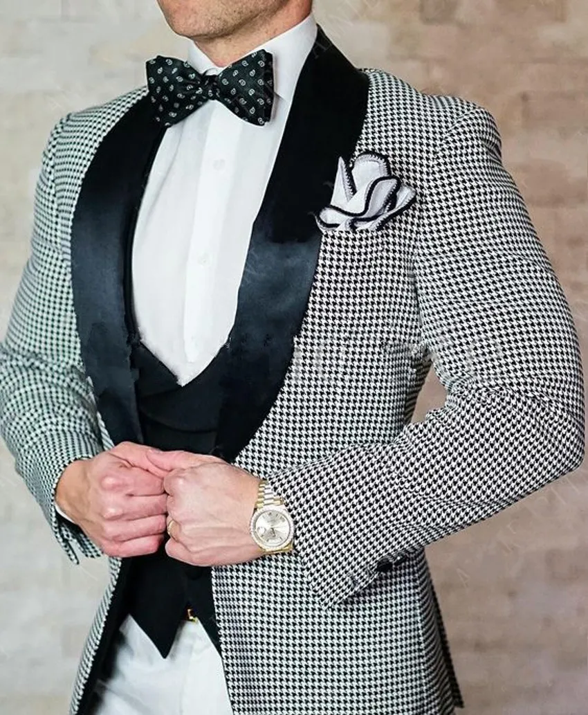 Houndstooth Groom Tuxedos Black Lapel Groomsman Wedding 3 Piece Suit Fashion Men Business Prom Jacket Blazer(Jacket+Pants+Tie+Vest) 2867
