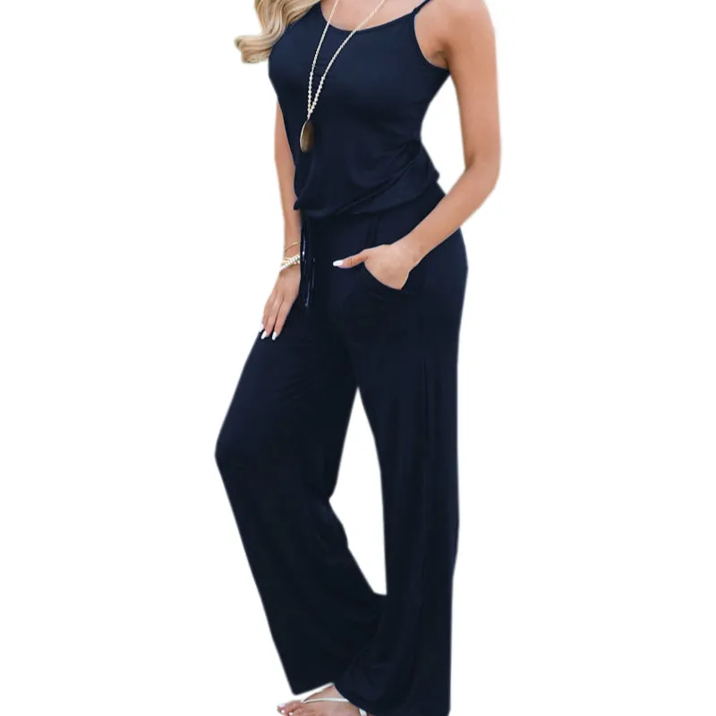 Summer Spaghetti Strap Jumpsuits New Women Rompers Red Casual Jumpsuit Female Overalls Loose Wide Leg Long Pants 2xl Plus Size Y19060501