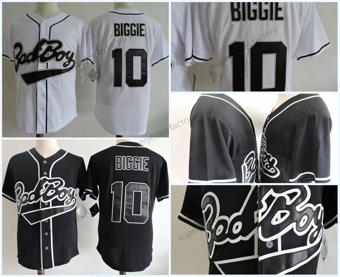 Neues Biggie Smalls 10 Bad Boy Schwarz-Weiß-Baseball-Trikot Günstige Badboy Biggie Smalls-Trikots 100 % genäht S-3XL Schneller Versand