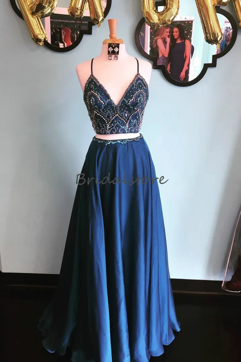 Navy blue two piece prom dress discount